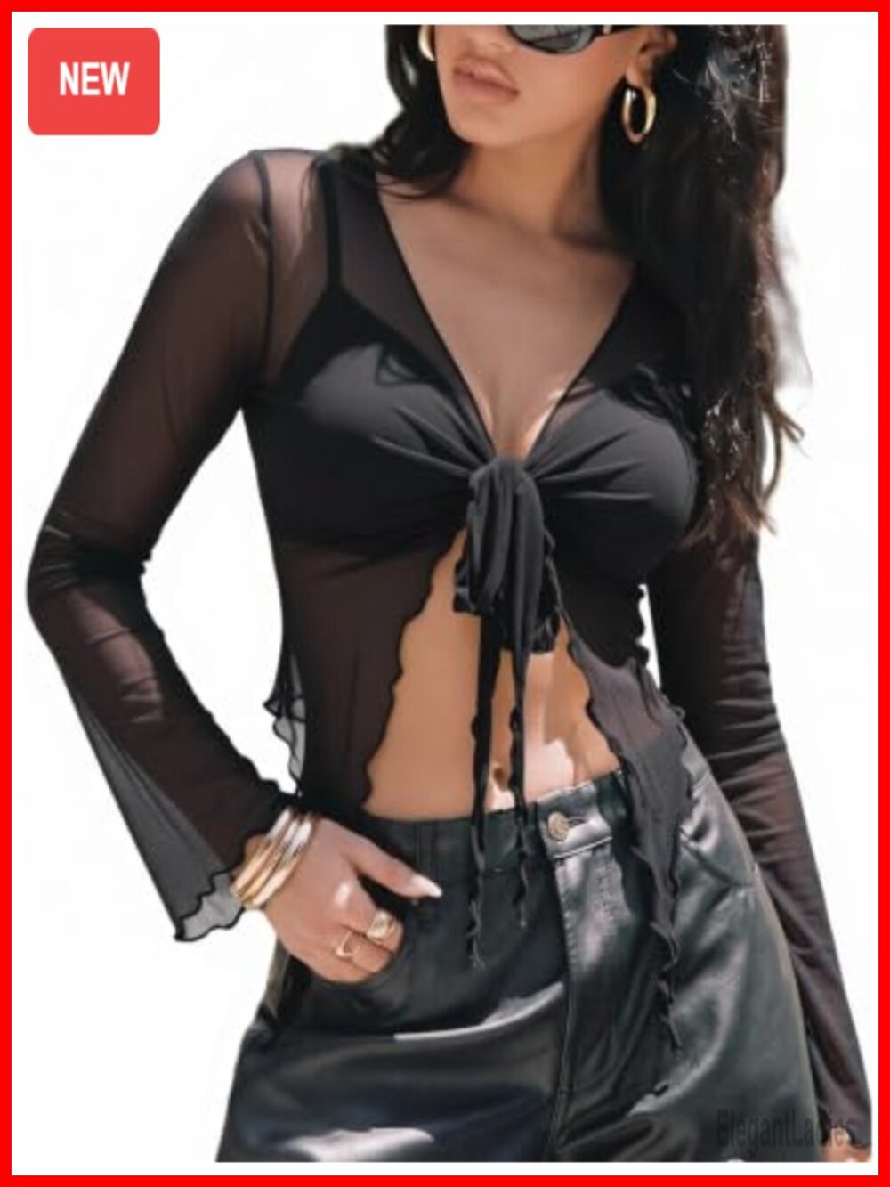 Women's Sheer Mesh Crop Top Long Sleeve V-Neck Tie Front Y2K Rave Clubwear